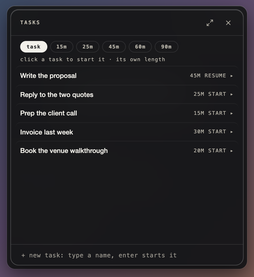 The task picker with duration chips